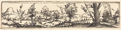 Paesaggio con sei alberi singoli e tre piccole fattorie da Augustin Hirschvogel