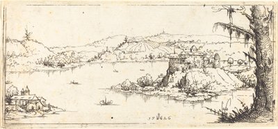Paesaggio con grande lago al centro da Augustin Hirschvogel