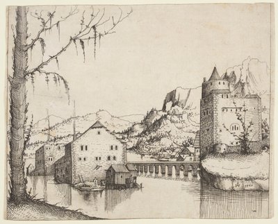 Paesaggio fluviale con due edifici collegati da un ponte da Augustin Hirschvogel