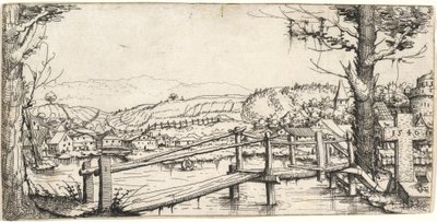 Paesaggio Fluviale con un Ponte Pedonale da Augustin Hirschvogel