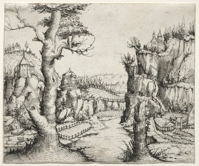 Paesaggio fluviale con rocce a sinistra e a destra, 1546 da Augustin Hirschvogel