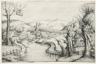 Paesaggio fluviale con tre salici spogli a destra e un lungo ponte di legno tortuoso..., 1546 da Augustin Hirschvogel