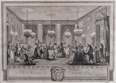 Il ballo in abito da sera a casa di Monsieur de Villemorien Fila, inciso da L. Provost da Augustin de Saint Aubin