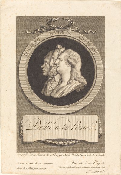 Luigi XVI, Enrico IV e Luigi XII da Augustin de Saint Aubin after Piat Joseph Sauvage
