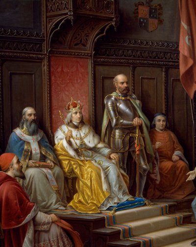 Federico III sul trono, dettaglio da Federico III, spinto a marciare contro i Turchi dal poeta triestino Raffaele Zovenzoni, dipinto di Augusto Tominz da Augusto Tominz
