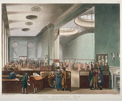 Vista interna della Sala delle Sottoscrizioni di Lloyds nella Royal Exchange, Città di Londra, 1809 da Augustus Charles Pugin, Thomas Rowlandson