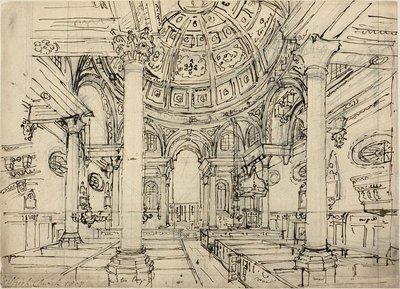 Studio per la chiesa di Walbrook (recto); Schizzi di barche a vela, uomini e scialuppe (verso) da Augustus Charles Pugin