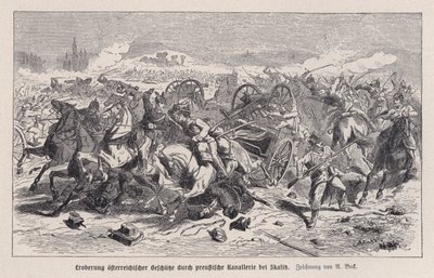 Cannoni austriaci catturati dalla cavalleria prussiana nella Battaglia di Skalitz, Boemia, Guerra austro-prussiana da Augustus J. Beck
