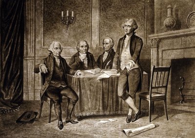 Leader del Congresso continentale 1775: John Adams, Robert Morris, Alexander Hamilton, Thomas Jefferson, disegno di Augustus Tholey (1894) da Augustus Tholey