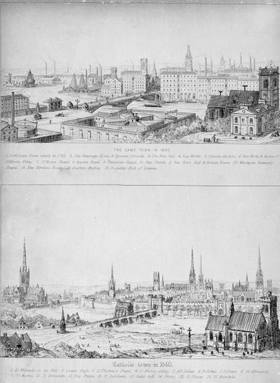 Città cattolica nel 1440 e la stessa città nel 1840 da Augustus Welby Northmore Pugin