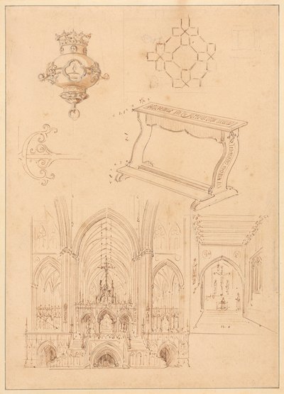 Progetti per ornamentazione gotica, un inginocchiatoio e due schizzi degli interni di chiese gotiche da Augustus Welby Northmore Pugin