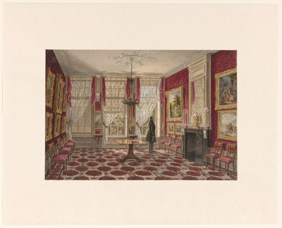 Interno del XIX secolo con dipinti e figura in piedi da Augustus Wijnantz