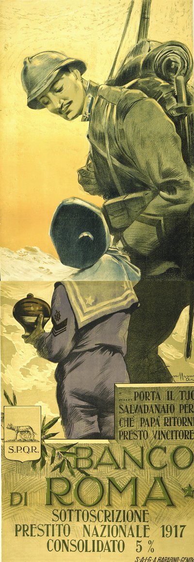 Prima Guerra Mondiale: poster del Banco di Romano per il Prestito di Guerra. Soldato italiano che dice al figlio di svuotare il salvadanaio e che presto tornerà a casa vittorioso. Aurelio Craffonara (1875-1945) artista italiano da Aurelio Craffonara