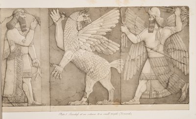 Bassorilievi a un ingresso di un piccolo tempio (Nimroud), dai Monumenti di Ninive, pub. 1849 da Austen Henry Layard