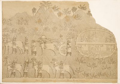 Carro e attendenti di Sennacherib e un castello su una montagna (Kouyunjik), dai Monumenti di Ninive, pub. 1849 da Austen Henry Layard