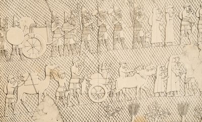 (dettaglio) da Prigionieri e bottino dalla città di Lachich, illustrazione da Monuments of Nineveh, 1858 da Austen Henry Layard