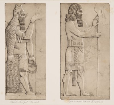 Dio Pesce (Nimroud) e figura vicino a un ingresso (Kouyunjik), dai Monumenti di Ninive, pub. 1849 da Austen Henry Layard