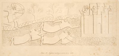 Fuggitivi che attraversano un fiume verso un castello, da Monumenti di Ninive, pub. 1849 da Austen Henry Layard