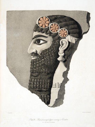 Testa di una figura alata con diadema, da Monumenti di Ninive, pub. 1849 da Austen Henry Layard