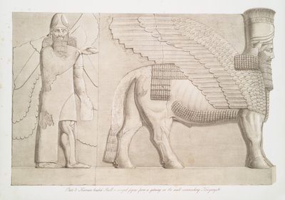 Toro con testa umana e figura alata da un portale nel muro che circonda Kouyunjik [Quyunjik], 1853 da Austen Henry Layard