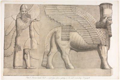 Monumenti di Ninive: Tavola 3, Toro con testa umana e figura alata da un portale nel muro che circonda Kouyunjik (Quyunjik) da Austen Henry Layard