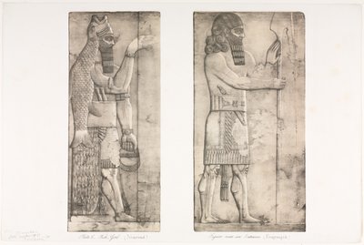 Monumenti di Ninive: Tavola 6, Dio-pesce (Nimroud); Figura vicino a un ingresso (Kouyunjik) da Austen Henry Layard