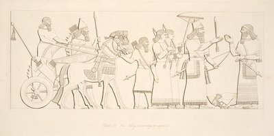 Il re che riceve prigionieri, da Monumenti di Ninive, pub. 1849 da Austen Henry Layard