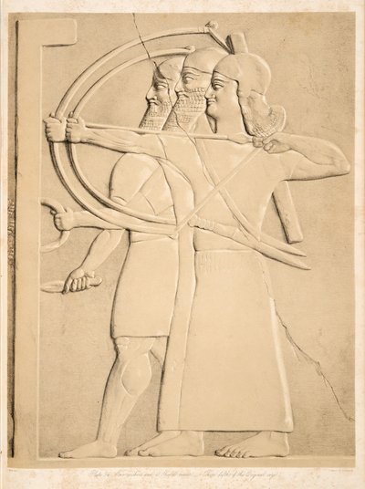 Due arcieri e un portatore di scudo, da Monumenti di Ninive, pub. 1849 da Austen Henry Layard