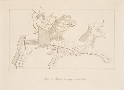 Guerriero che insegue un toro selvatico, da Monumenti di Ninive, pub. 1849 da Austen Henry Layard