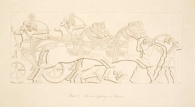 Guerrieri che combattono su carri, da Monumenti di Ninive, pub. 1849 da Austen Henry Layard