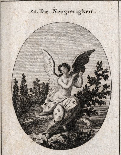 Allegoria della curiosità rappresentata con un drappo punteggiato di orecchie e occhi. Le ali elevate. Incisione in "Iconologie oder Ideen aus dem Gebiete der Leidenschaften und Allegorien bildich dargestellt" da Austrian School