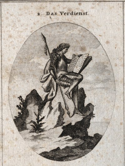Allegoria del merito rappresentata in cima a una roccia ripida con armi e un libro che lo simboleggiano come il risultato delle sue opere e studi. Incisione in "Iconologie oder Ideen aus dem Gebiete der Leidenschaften und Allegorien bildich dargestellt fur da Austrian School