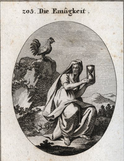 Allegoria della costanza. Tiene una clessidra e siede ai piedi di una roccia circondata da una pianta di edera. Il gallo è il suo attributo perché la costanza non esiste senza vigilanza. Incisione in "Iconologie oder Ideen aus dem Gebiete der Leidenschafte da Austrian School