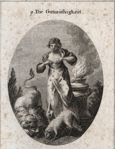 Allegoria della benignità che allatta contemporaneamente un agnello e un leone simboleggiando l