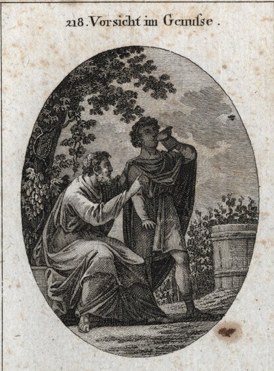 Allegoria della cautela mentre si gode. Un filosofo ci avverte che la vite produce tre tipi di uva: quella del piacere, quella dell