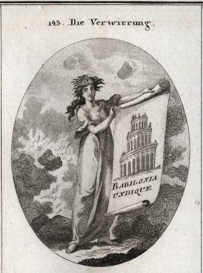 Allegoria della confusione che tiene un disegno che rappresenta la Torre di Babele con la scritta 