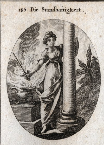 Allegoria della costanza. Tiene una spada sopra un fuoco ardente. La colonna che abbraccia è l