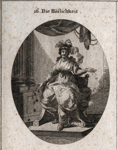 Allegoria della cortesia rappresentata da una donna ricca, graziosa e sorridente che distribuisce denaro e gioielli. Incisione in “Iconologie oder Ideen aus dem Gebiete der Leidenschaften und Allegorien bildich dargestellt fur Zeichner, Mahler, Dichter, Ge da Austrian School
