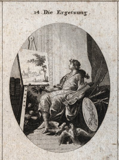 Allegoria della delizia rappresentata da un giovane che tiene una lira vicino a un dipinto con frutti, libri, armi e due colombi che si accarezzano, tutti simboli del fascino dei sensi. Incisione in "Iconologie oder Ideen aus dem Gebiete der Leid" da Austrian School