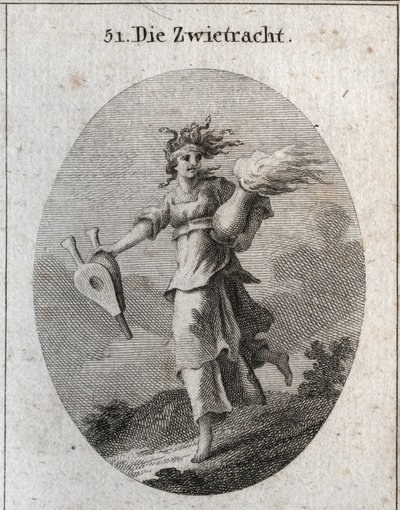 Allegoria della discordia. I suoi capelli sono formati da vipere e la sua fronte è una benda insanguinata. Un mantice in una mano e nell