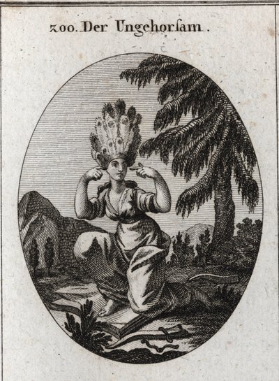 Allegoria della disobbedienza. Il libro della vergogna segna il suo disprezzo per le leggi e i precetti che domina calpestando il freno e il giogo spezzati. Si tappa le orecchie per non ascoltare i rimproveri. I suoi capelli sono piume di pavone. Incisione da Austrian School