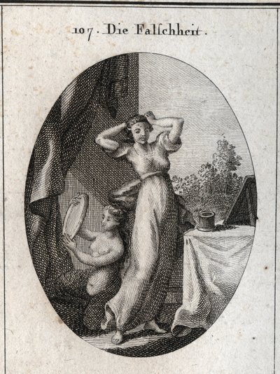 Allegoria della falsità. Il suo emblema è una sirena che si guarda in uno specchio. Incisione in "Iconologie oder Ideen aus dem Gebiete der Leidenschaften und Allegorien bildich dargestellt" da Austrian School