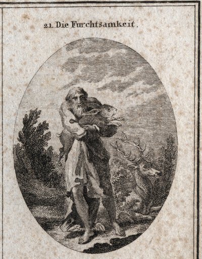 Allegoria della paura sotto le sembianze di un vecchio con ali ai piedi propense alla fuga. I suoi attributi sono la lepre e il cervo. Incisione in “Iconologie oder Ideen aus dem Gebiete der Leidenschaften und Allegorien bildich dargestellt fur Zeichner, M da Austrian School