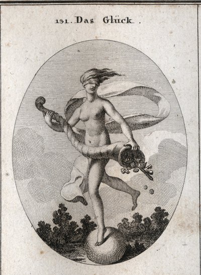 Allegoria della fortuna rappresentata con una benda sugli occhi per mostrare che è cieca ai suoi doni. Tiene un corno dell