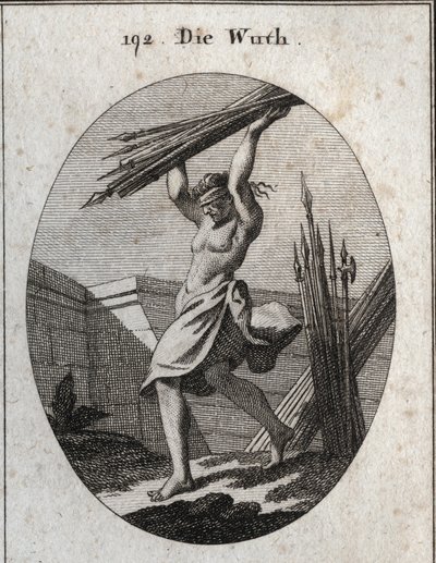 Allegoria della furia. Con una benda sugli occhi, lancia un fascio di armi di vario genere per segnare il suo trionfo nella guerra, nei massacri e nei combattimenti. Incisione in "Iconologie oder Ideen aus dem Gebiete der Leidenschaften und Allegorien bild da Austrian School
