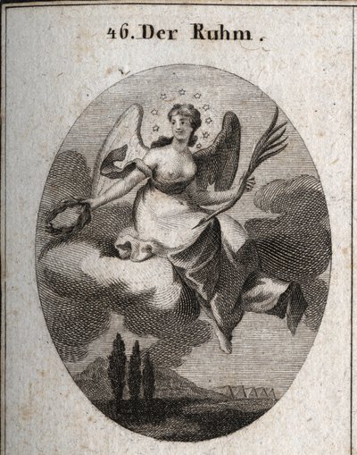 Allegoria della gloria su una nuvola. Tiene una palma e presenta corone di alloro con cui ricompensa i suoi favoriti. Le sue ali segnano la sua elevazione. Incisione in "Iconologie oder Ideen aus dem Gebiete der Leidenschaften und Allegorien bildich darges da Austrian School