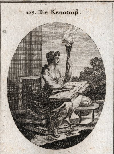 Allegoria della conoscenza basata su vari volumi di autori con un libro aperto sulle ginocchia. La torcia è allusiva alla luce che diffonde nelle anime. Incisione in "Iconologie oder Ideen aus dem Gebiete der Leidenschaften und Allegorien bildich dargestel da Austrian School