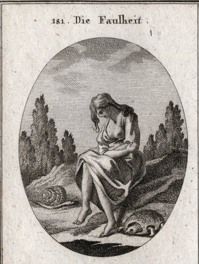 Allegoria della pigrizia. Tiene le braccia incrociate. I suoi attributi sono una tartaruga e una lumaca. Incisione in "Iconologie oder Ideen aus dem Gebiete der Leidenschaften und Allegorien bildich dargestellt fur Zeichner, Mahler, Dichter, Gelehrte, Erzi da Austrian School