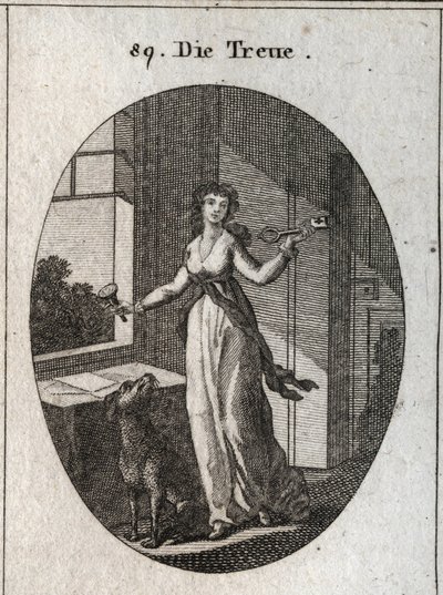 Allegoria della lealtà i cui simboli sono la chiave, il sigillo e il cane. Incisione in “Iconologie oder Ideen aus dem Gebiete der Leidenschaften und Allegorien bildich dargestellt fur Zeichner, Mahler, Dichter, Gelehrte, Erzieher und freunde Hoherer Gesch da Austrian School