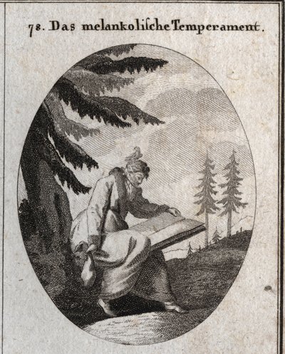 Allegoria del temperamento malinconico. Tiene un libro e una borsa e la sua bocca è chiusa con una benda. Un uccello si posa sulla sua testa. Incisione in 